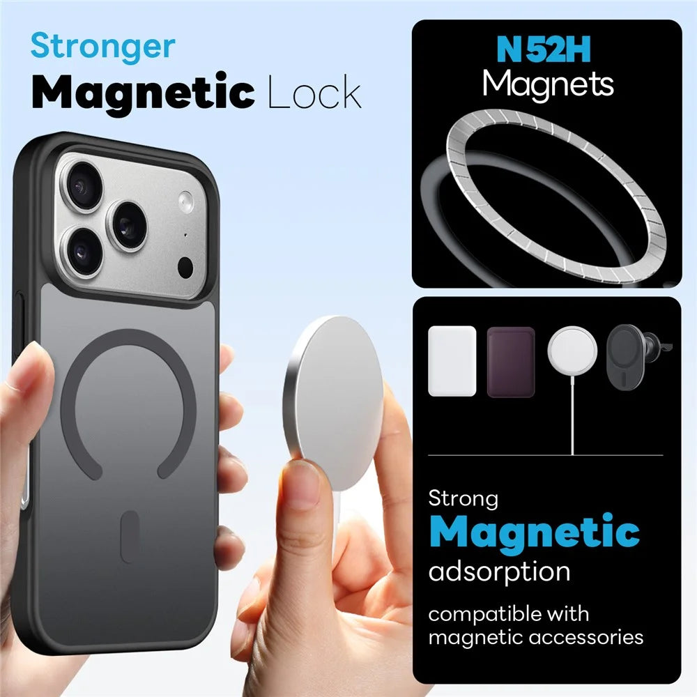 NORTHJO For iPhone 17 Pro Case Compatible with MagSafe Translucent Matte Shockproof Phone Cover with Tempered Glass Film - Black - 2