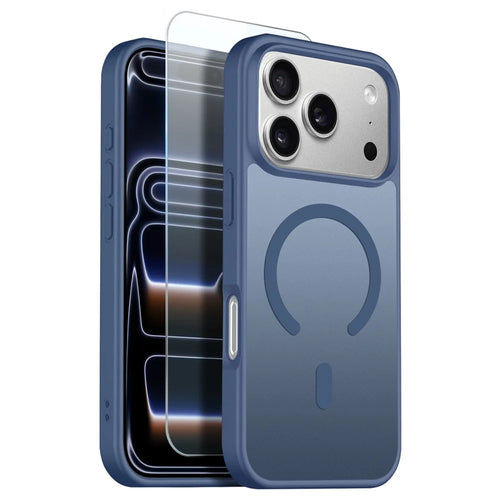 NORTHJO For iPhone 17 Pro Max Case Compatible with MagSafe Translucent Matte Shockproof Phone Cover with Tempered Glass Film - Blue - 1