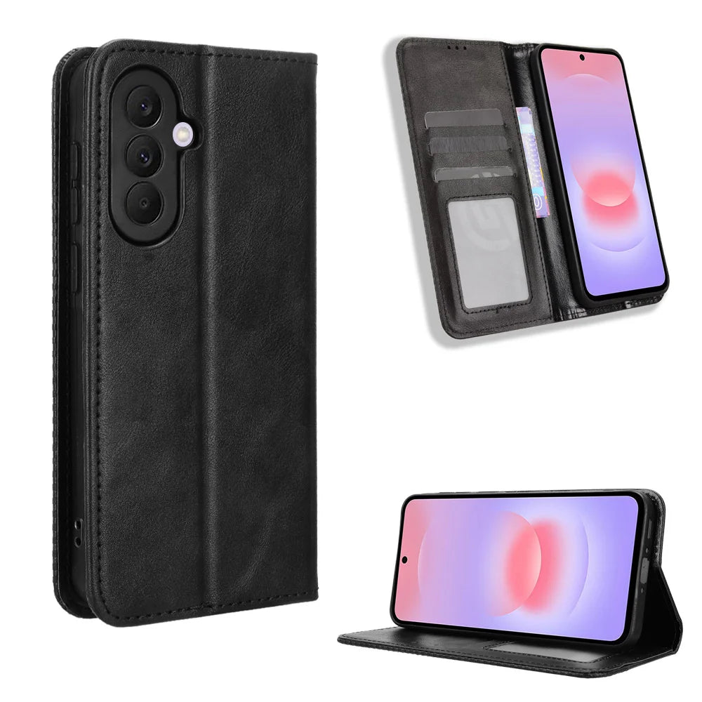 For Samsung Galaxy A37 5G Leather Case Wallet Stand Retro Texture Phone Cover - Black - 1