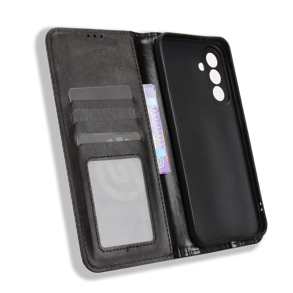 For Samsung Galaxy A37 5G Leather Case Wallet Stand Retro Texture Phone Cover - Black - 5