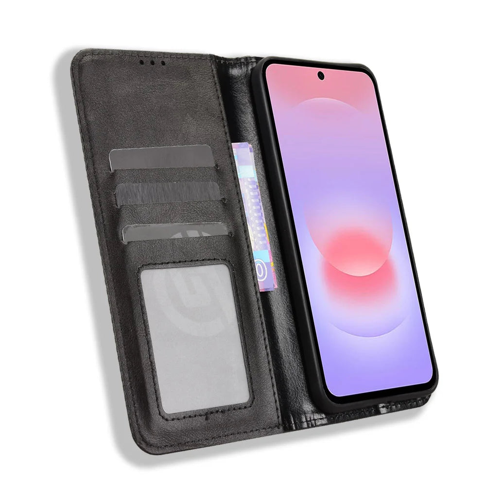 For Samsung Galaxy A37 5G Leather Case Wallet Stand Retro Texture Phone Cover - Black - 6