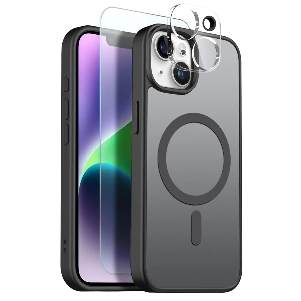 NORTHJO For iPhone 14 Magnetic Case Translucent Matte Shockproof Phone Cover Set with Front Screen Protector + Lens Film - Black - 1