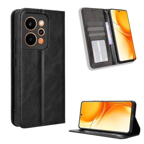 For Realme P4 Power 5G Leather Case Wallet Stand Retro Texture Phone Cover - Black - 1