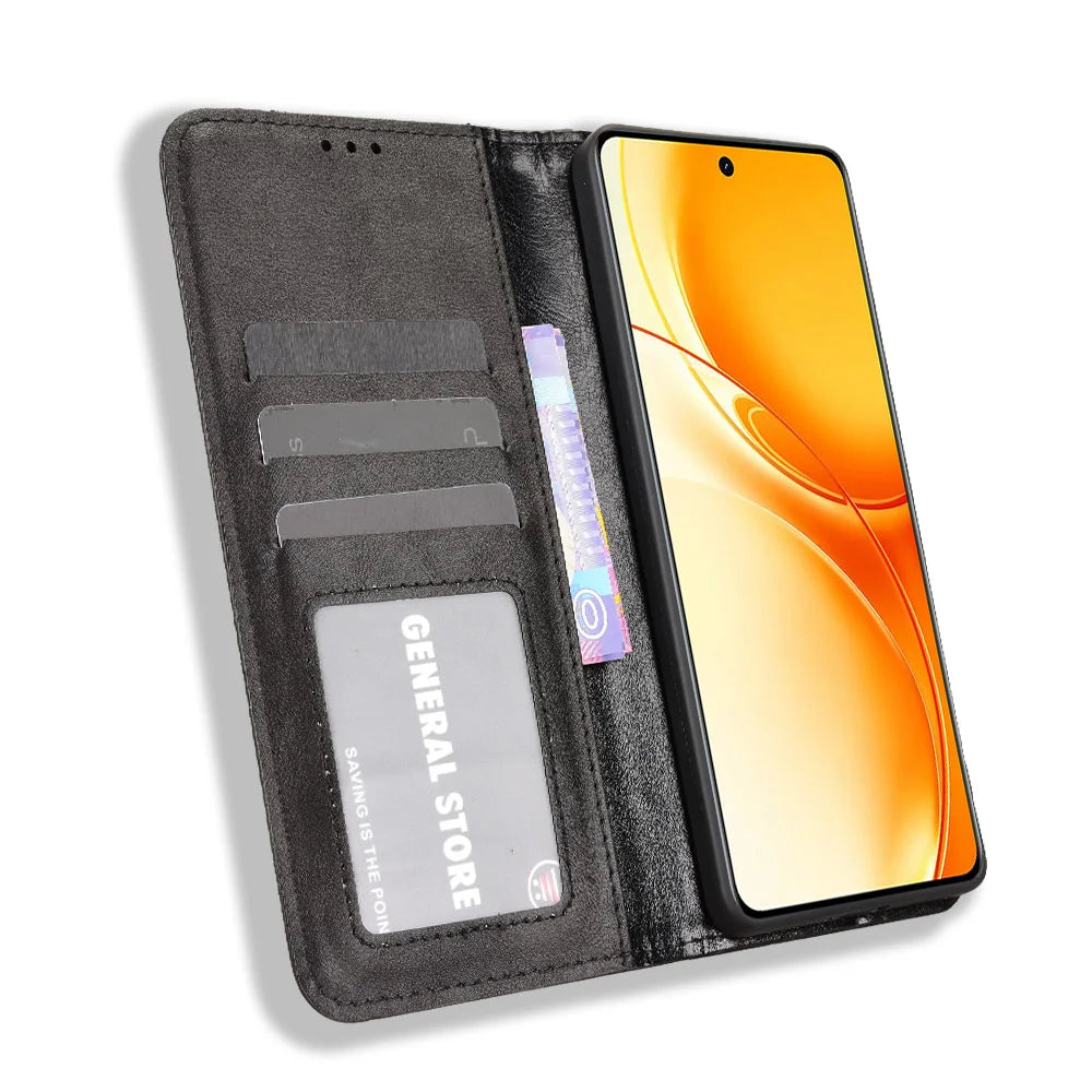 For Realme P4 Power 5G Leather Case Wallet Stand Retro Texture Phone Cover - Black - 6