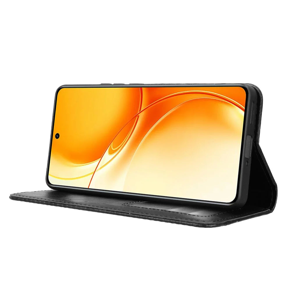 For Realme P4 Power 5G Leather Case Wallet Stand Retro Texture Phone Cover - Black - 7