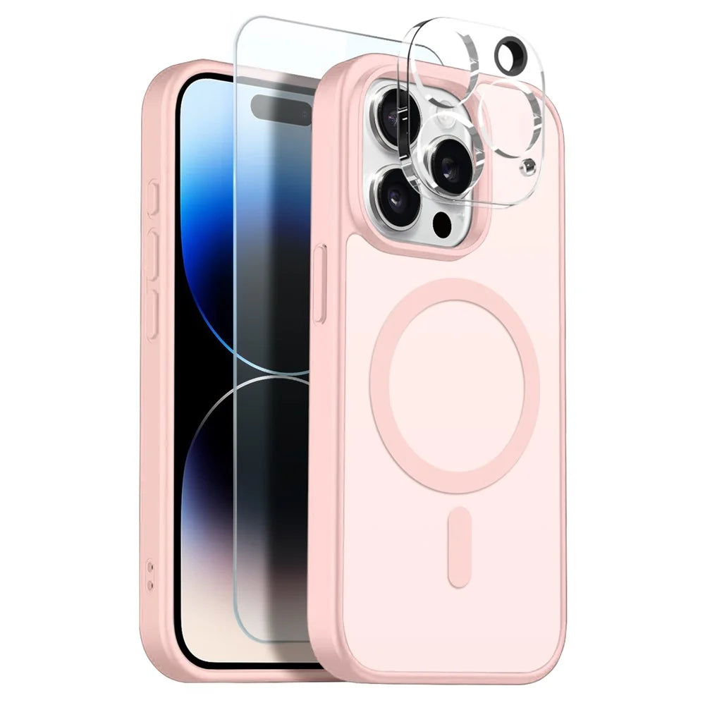 NORTHJO For iPhone 14 Pro Magnetic Case Translucent Matte Shockproof Phone Cover Set with Front Screen Protector + Lens Film - Pink - 1