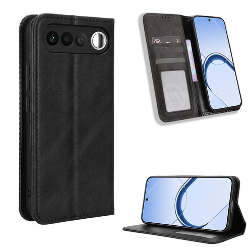 For Realme 16 5G Leather Case Wallet Stand Retro Texture Phone Cover - Black - 1