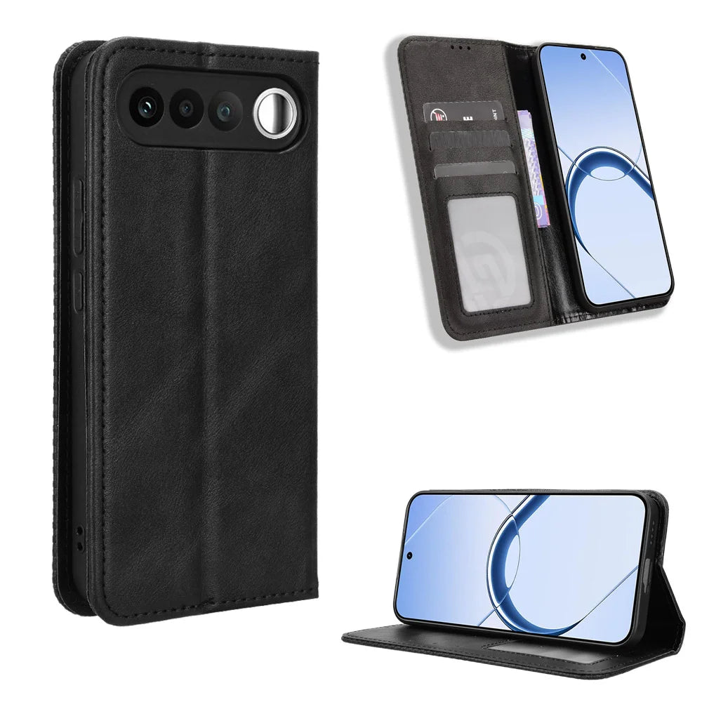 For Realme 16 5G Leather Case Wallet Stand Retro Texture Phone Cover - Black - 1