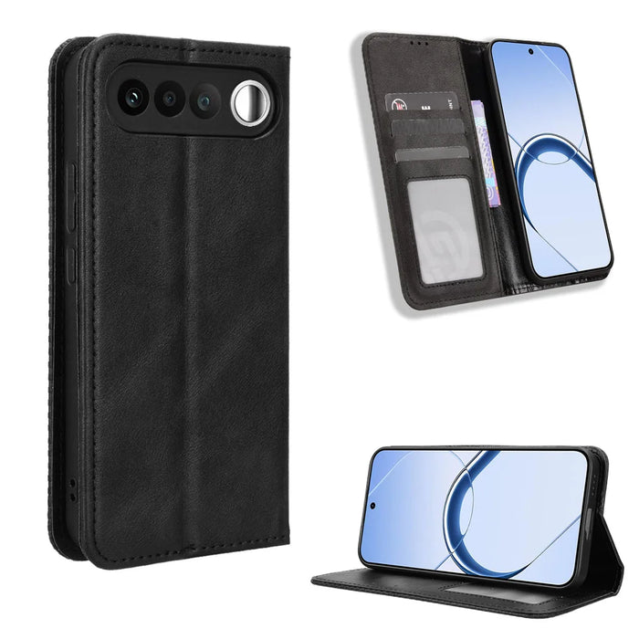 For Realme 16 5G Leather Case Wallet Stand Retro Texture Phone Cover - Black - 1