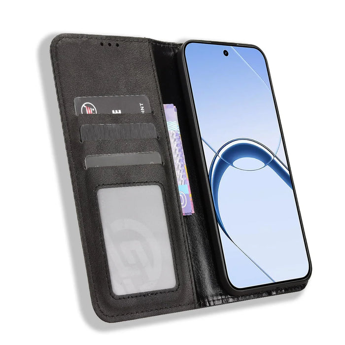 For Realme 16 5G Leather Case Wallet Stand Retro Texture Phone Cover - Black - 6