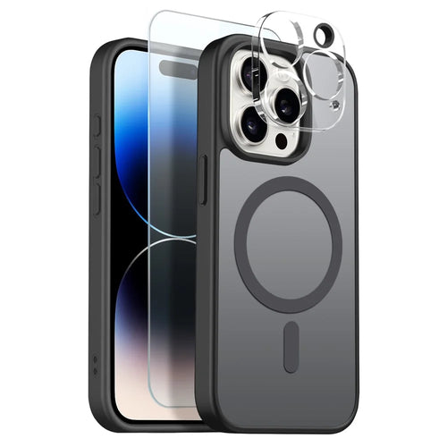 NORTHJO For iPhone 14 Pro Max Magnetic Case Translucent Matte Shockproof Phone Cover Set with Front Screen Protector + Lens Film - Black - 1