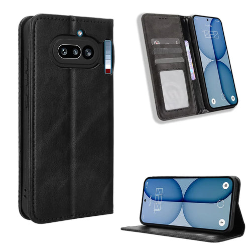 For Nothing Phone (4a) Leather Case Wallet Stand Retro Texture Phone Cover - Black - 1