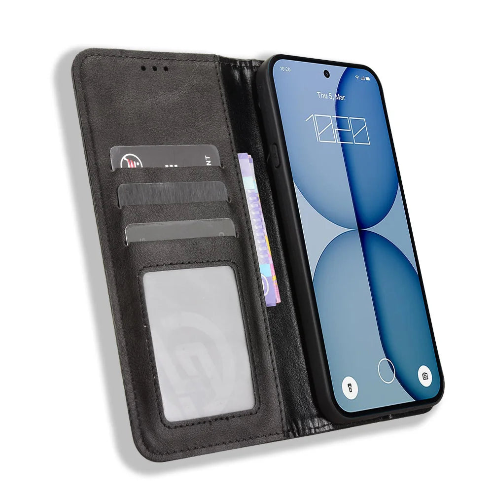 For Nothing Phone (4a) Leather Case Wallet Stand Retro Texture Phone Cover - Black - 6
