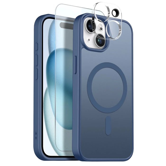 NORTHJO For iPhone 15 Magnetic Case Translucent Matte Shockproof Phone Cover Set with Front Screen Protector + Lens Film - Blue - 1