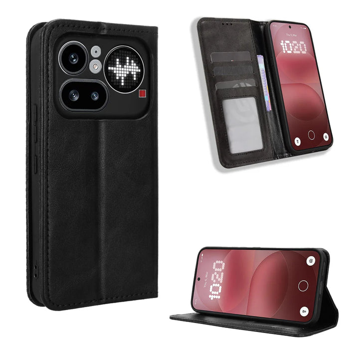 For Nothing Phone (4a) Pro Leather Case Wallet Stand Retro Texture Phone Cover - Black - 1