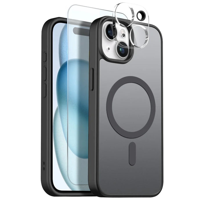 NORTHJO For iPhone 15 Plus Magnetic Case Translucent Matte Shockproof Phone Cover Set with Front Screen Protector + Lens Film - Black - 1
