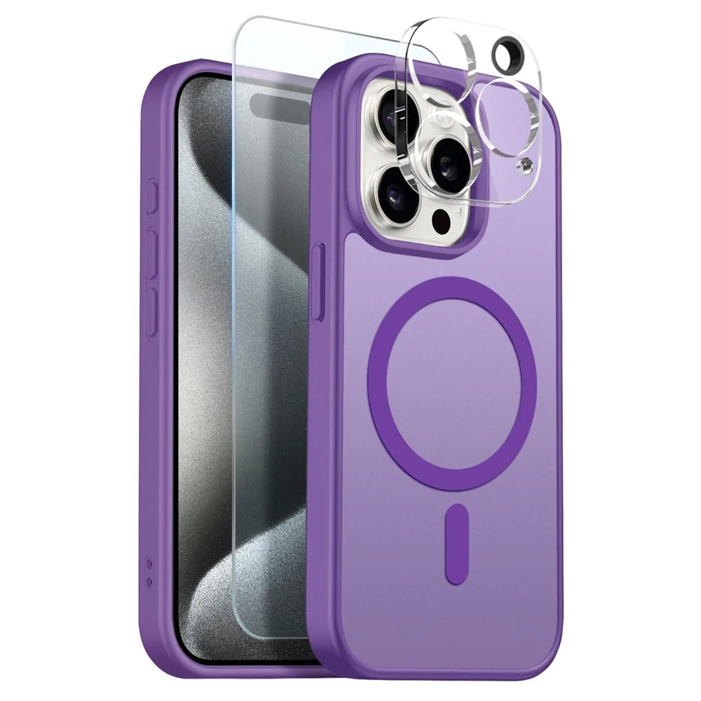 NORTHJO For iPhone 15 Pro Magnetic Case Translucent Matte Shockproof Phone Cover Set with Front Screen Protector + Lens Film - Purple - 1