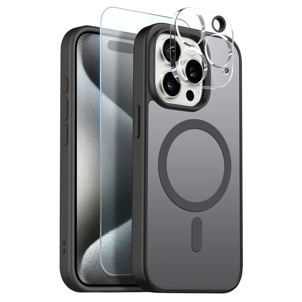 NORTHJO For iPhone 15 Pro Max Magnetic Case Translucent Matte Shockproof Phone Cover Set with Front Screen Protector + Lens Film - Black - 1
