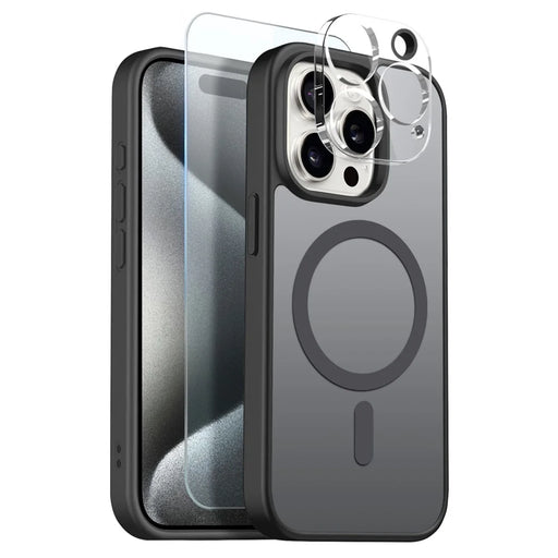 NORTHJO For iPhone 15 Pro Max Magnetic Case Translucent Matte Shockproof Phone Cover Set with Front Screen Protector + Lens Film - Black - 1