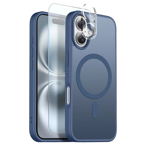 NORTHJO For iPhone 16 Plus Magnetic Case Translucent Matte Shockproof Phone Cover Set with Front Screen Protector + Lens Film - Blue - 1