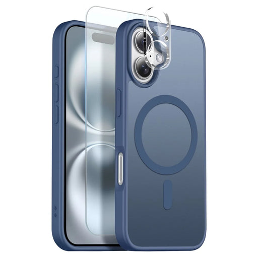 NORTHJO For iPhone 16 Plus Magnetic Case Translucent Matte Shockproof Phone Cover Set with Front Screen Protector + Lens Film - Blue - 1