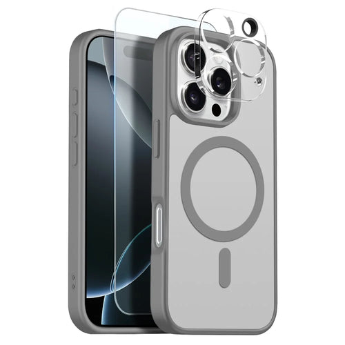 NORTHJO For iPhone 16 Pro Magnetic Case Translucent Matte Shockproof Phone Cover Set with Front Screen Protector + Lens Film - Grey - 1