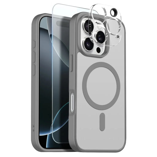 NORTHJO For iPhone 16 Pro Magnetic Case Translucent Matte Shockproof Phone Cover Set with Front Screen Protector + Lens Film - Grey - 1