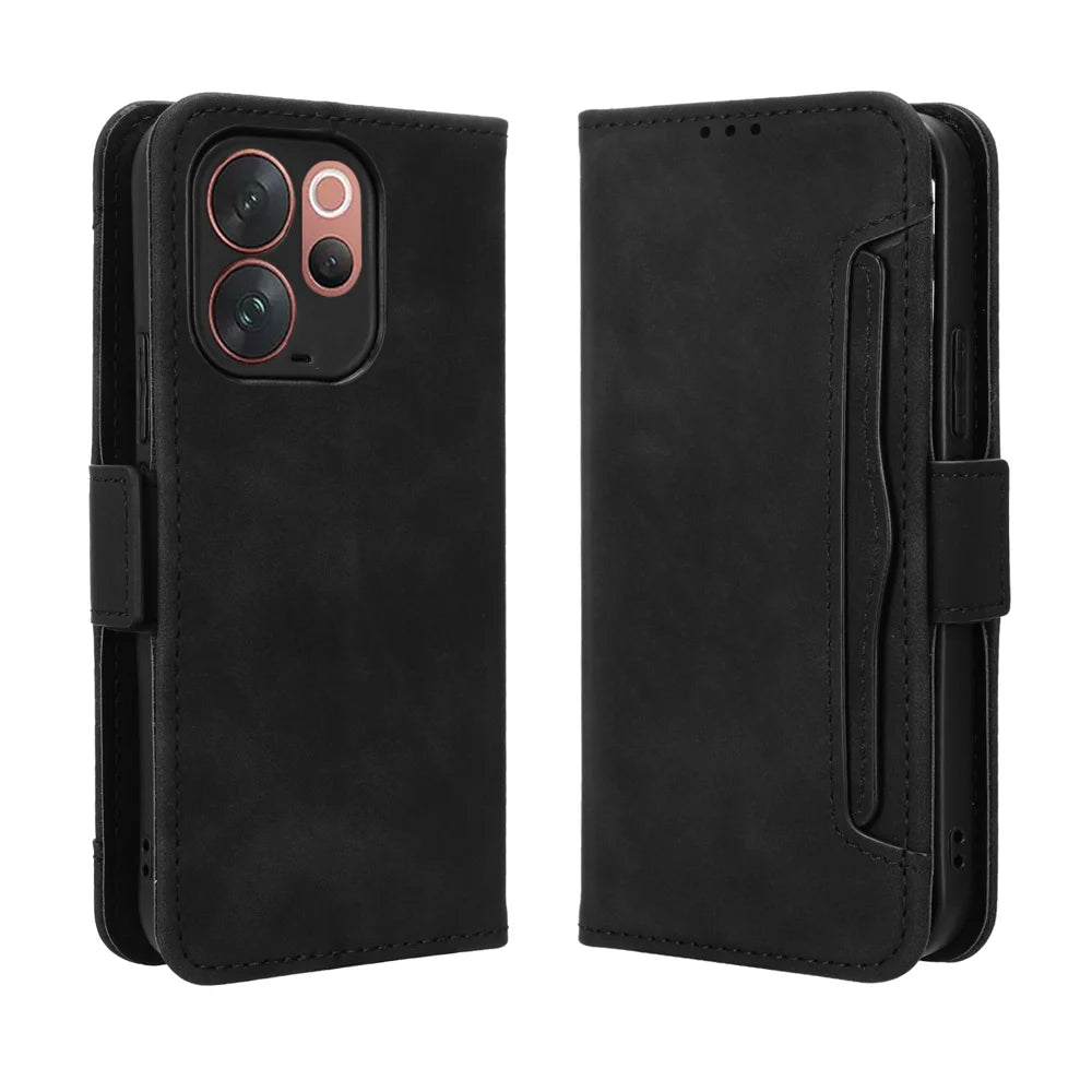 For vivo V70 Elite 5G / vivo V70 5G Leather Case Phone Wallet Cover with Multiple Card Slots - Black - 1