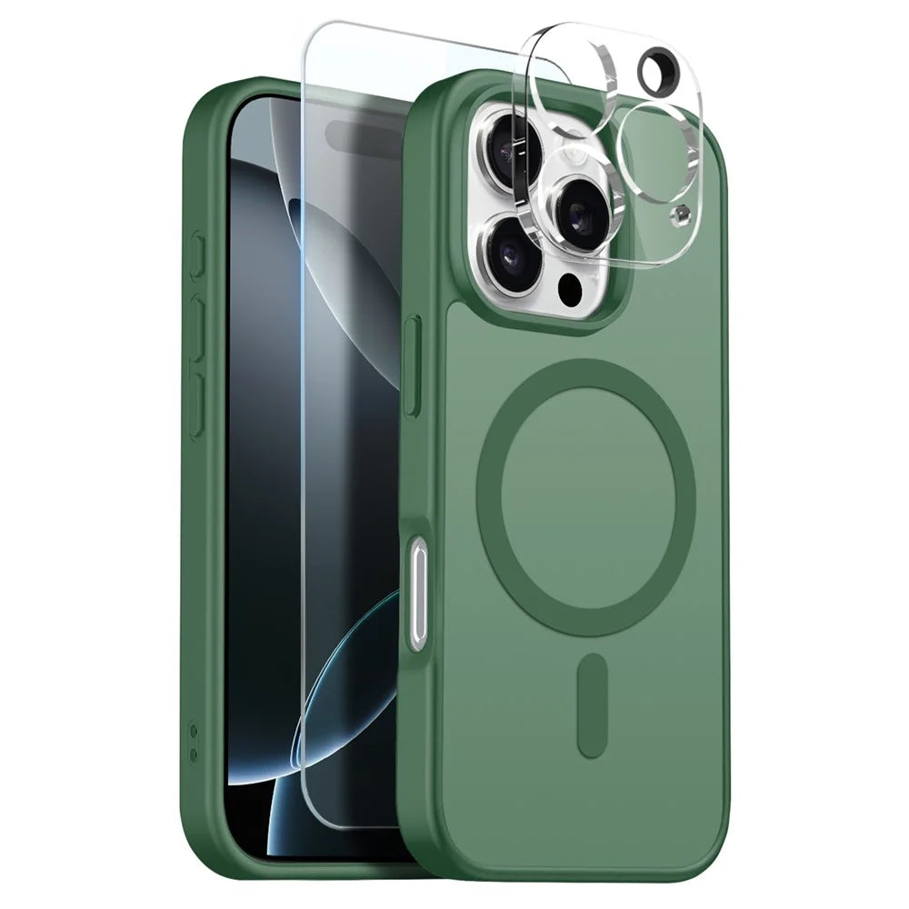 NORTHJO For iPhone 16 Pro Max Magnetic Case Translucent Matte Shockproof Phone Cover Set with Front Screen Protector + Lens Film - Green - 1