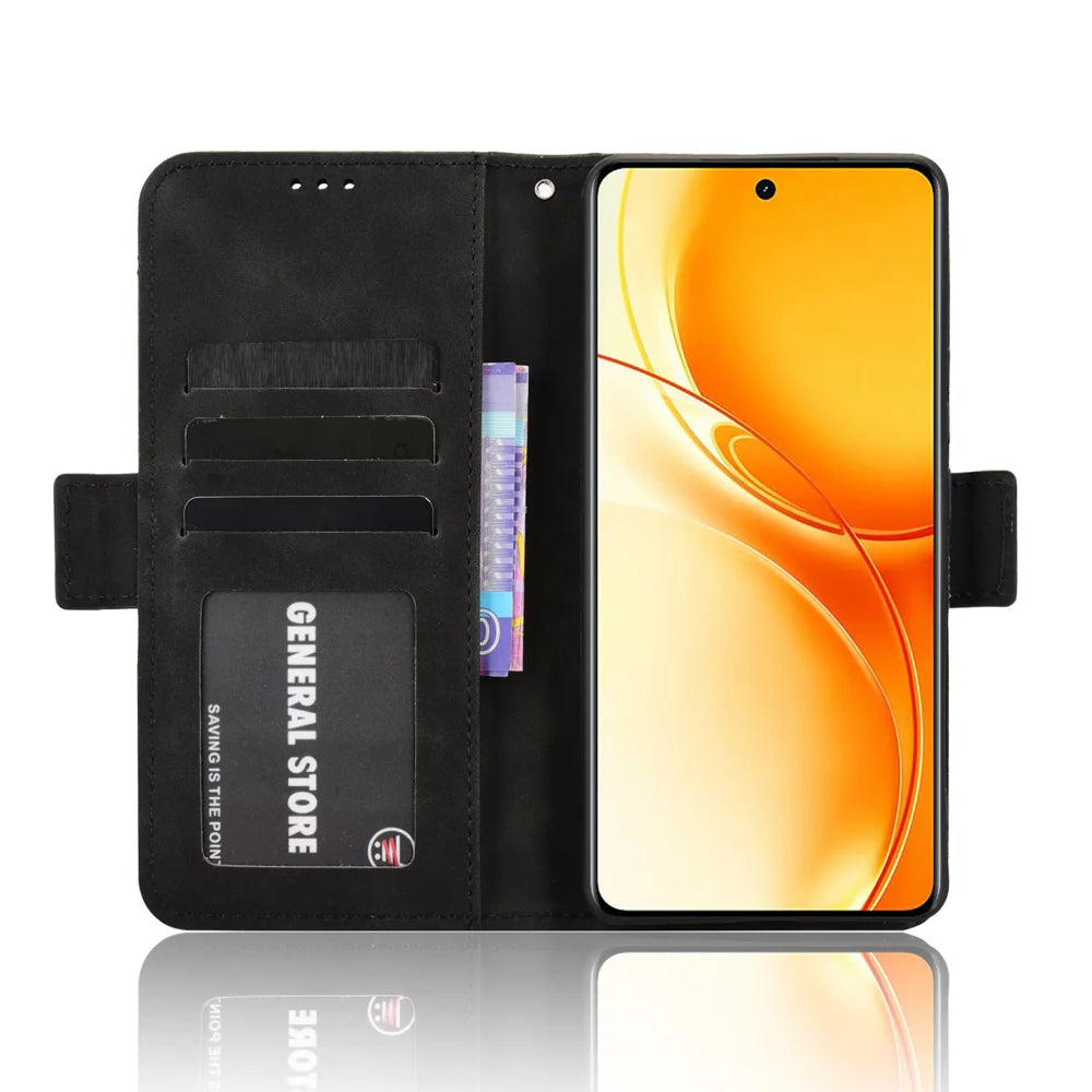 For Realme P4 Power 5G Leather Case Phone Wallet Cover with Multiple Card Slots - Black - 5