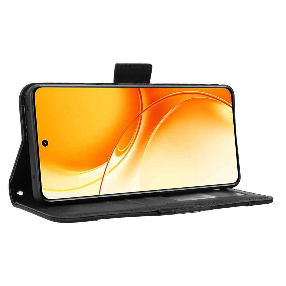 For Realme P4 Power 5G Leather Case Phone Wallet Cover with Multiple Card Slots - Black - 6