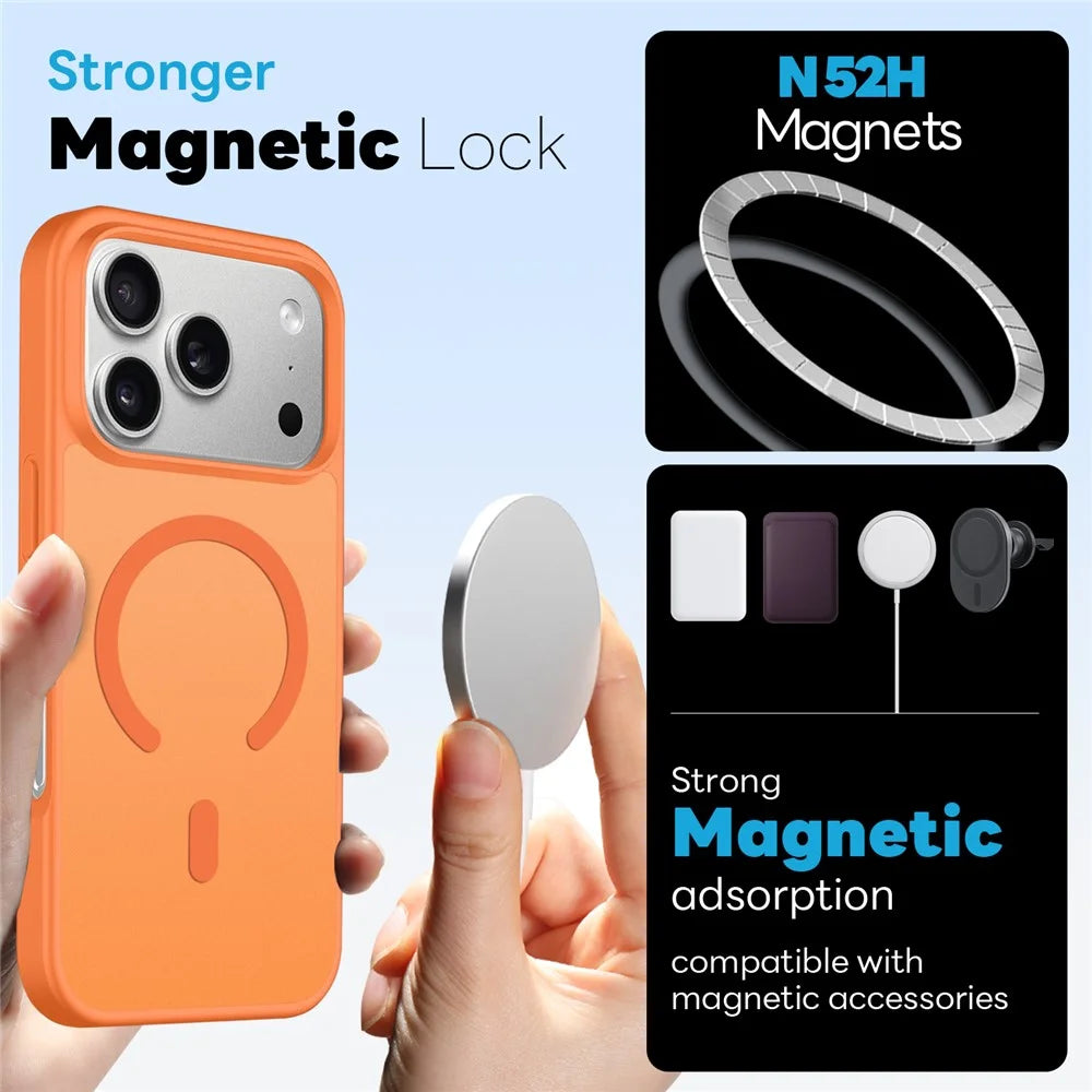 NORTHJO For iPhone 17 Pro Max Magnetic Case Translucent Matte Shockproof Phone Cover Set with Front Screen Protector + Lens Film - Orange - 2