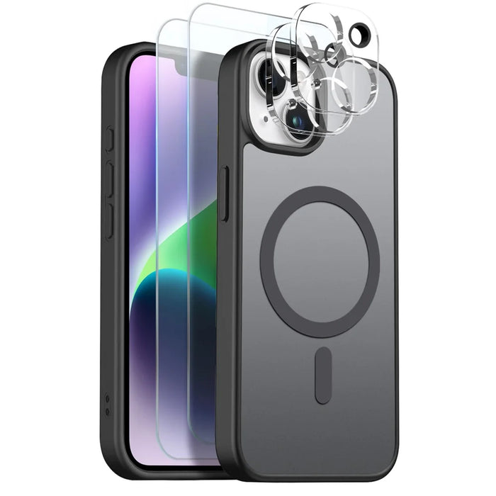 NORTHJO 5 in 1 Set for iPhone 14 Plus Magnetic Case Translucent Matte Shockproof Phone Cover with 2Pcs Front Screen Protector + 2Pcs Lens Film - Black - 1