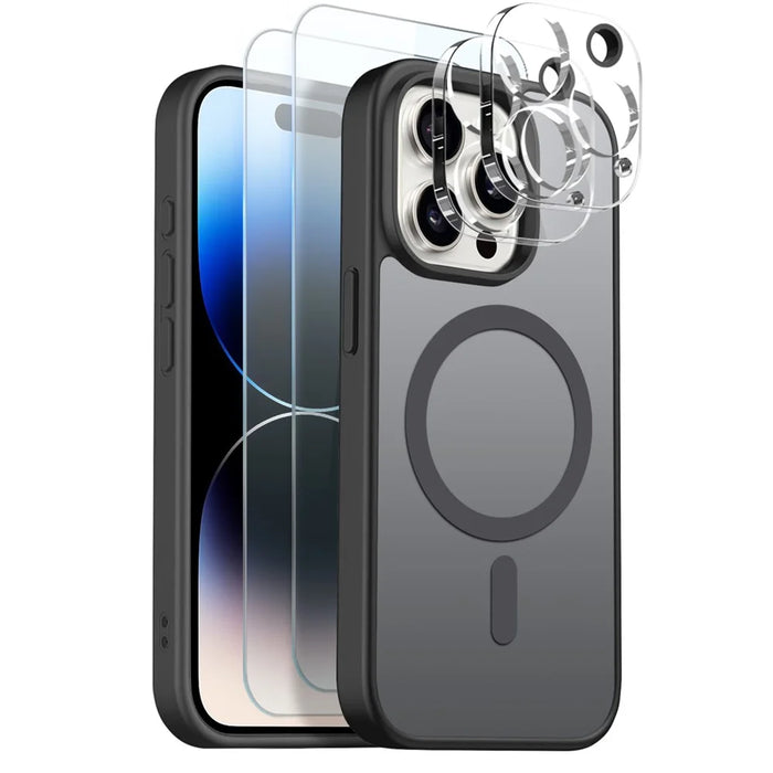 NORTHJO 5 in 1 Set for iPhone 14 Pro Magnetic Case Translucent Matte Shockproof Phone Cover with 2Pcs Front Screen Protector + 2Pcs Lens Film - Black - 1