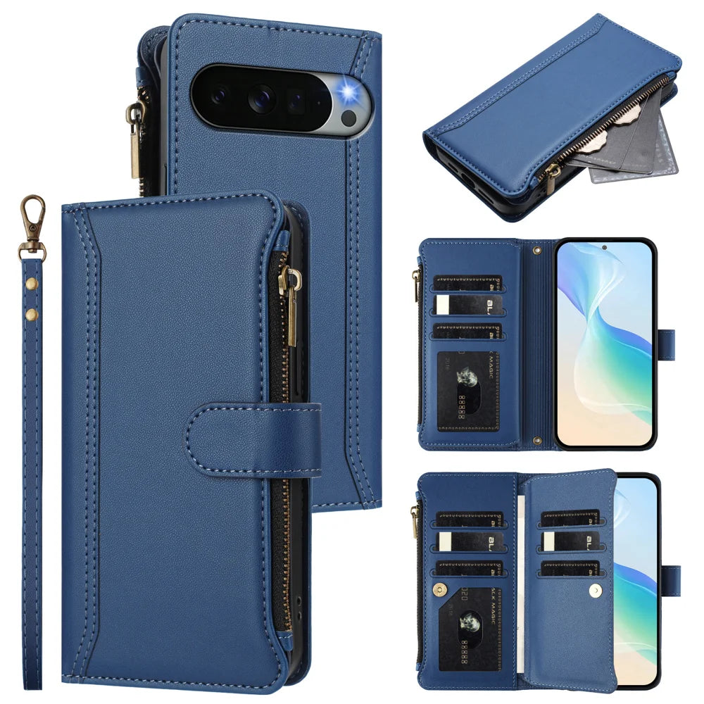 For Google Pixel 11 Pro XL Leather Case 9 Card Slots Zipper Wallet Stand Phone Cover with Wrist Strap - Dark Blue - 2