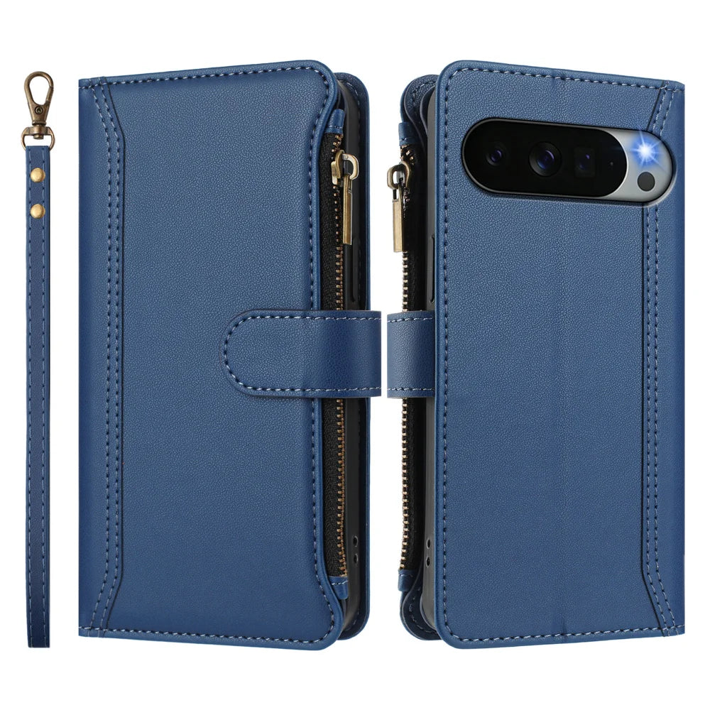 For Google Pixel 11 Pro XL Leather Case 9 Card Slots Zipper Wallet Stand Phone Cover with Wrist Strap - Dark Blue - 3
