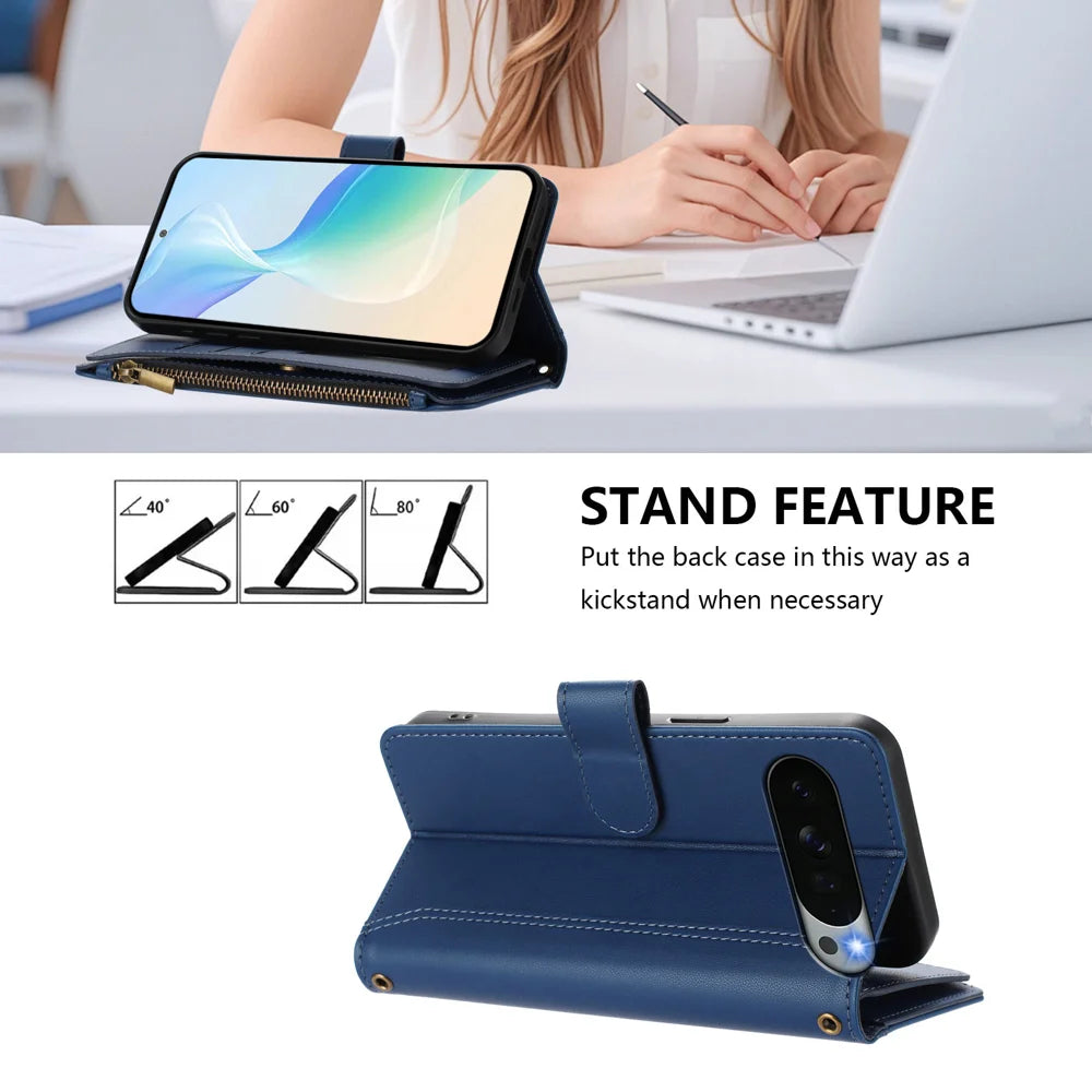 For Google Pixel 11 Pro XL Leather Case 9 Card Slots Zipper Wallet Stand Phone Cover with Wrist Strap - Dark Blue - 4