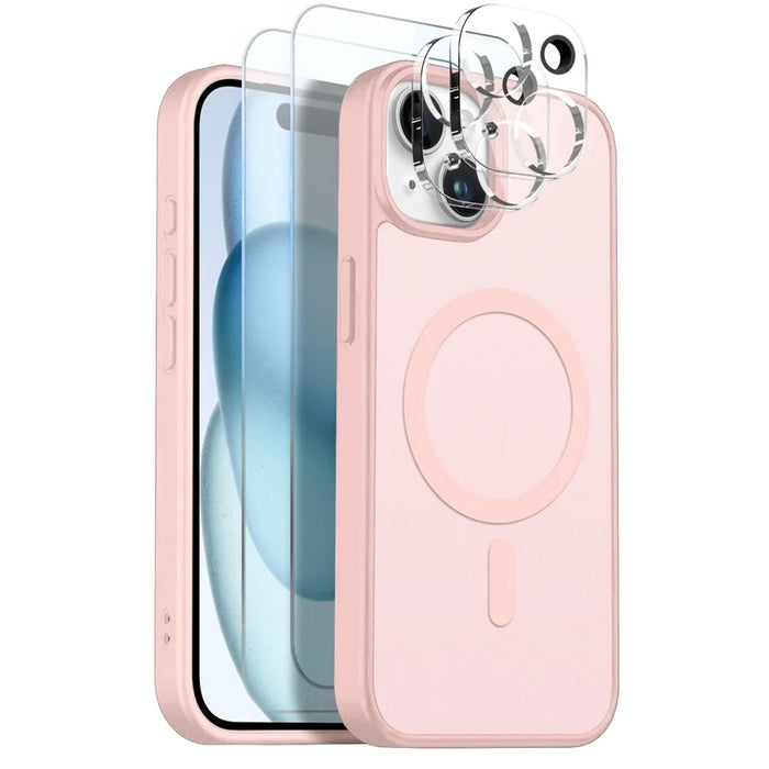 NORTHJO 5 in 1 Set for iPhone 15 Magnetic Case Translucent Matte Shockproof Phone Cover with 2Pcs Front Screen Protector + 2Pcs Lens Film - Pink - 1