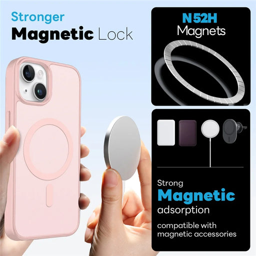 NORTHJO 5 in 1 Set for iPhone 15 Magnetic Case Translucent Matte Shockproof Phone Cover with 2Pcs Front Screen Protector + 2Pcs Lens Film - Pink - 2