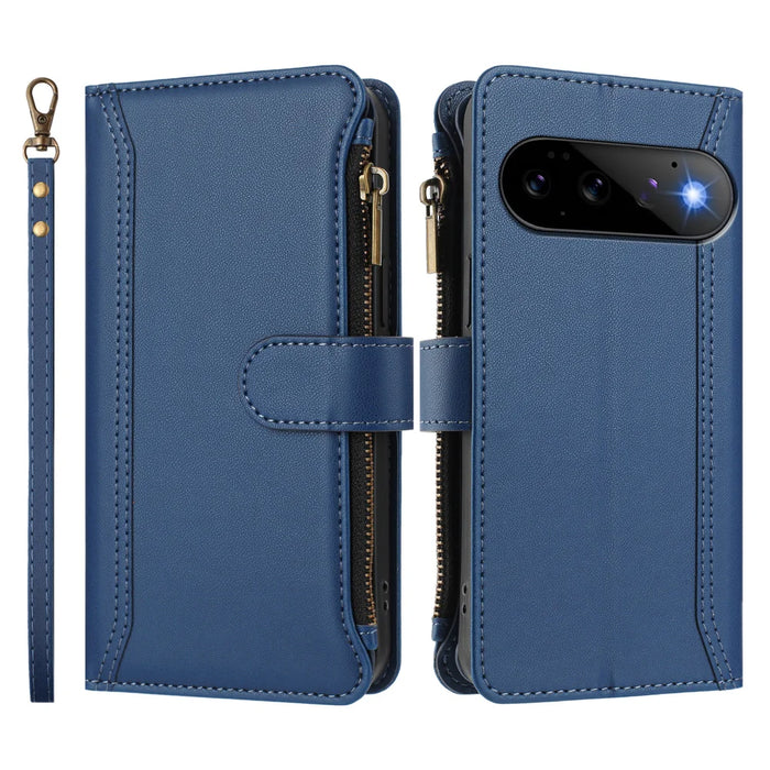 For Google Pixel 11 Pro / Pixel 11 Leather Case 9 Card Slots Zipper Wallet Stand Phone Cover with Wrist Strap - Dark Blue - 3