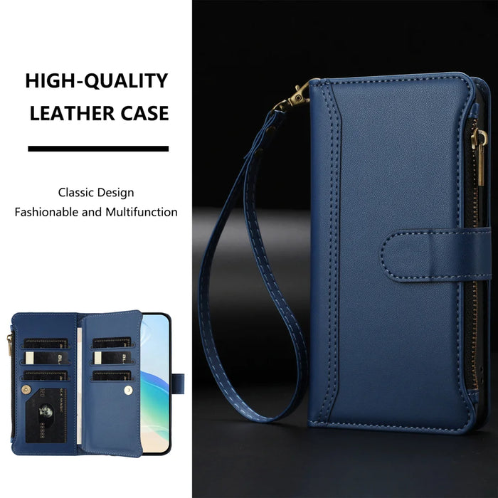 For Google Pixel 11 Pro / Pixel 11 Leather Case 9 Card Slots Zipper Wallet Stand Phone Cover with Wrist Strap - Dark Blue - 6