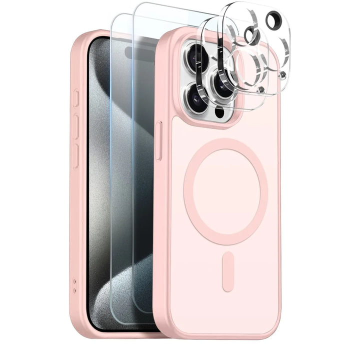 NORTHJO 5 in 1 Set for iPhone 15 Pro Max Magnetic Case Translucent Matte Shockproof Phone Cover with 2Pcs Front Screen Protector + 2Pcs Lens Film - Pink - 1