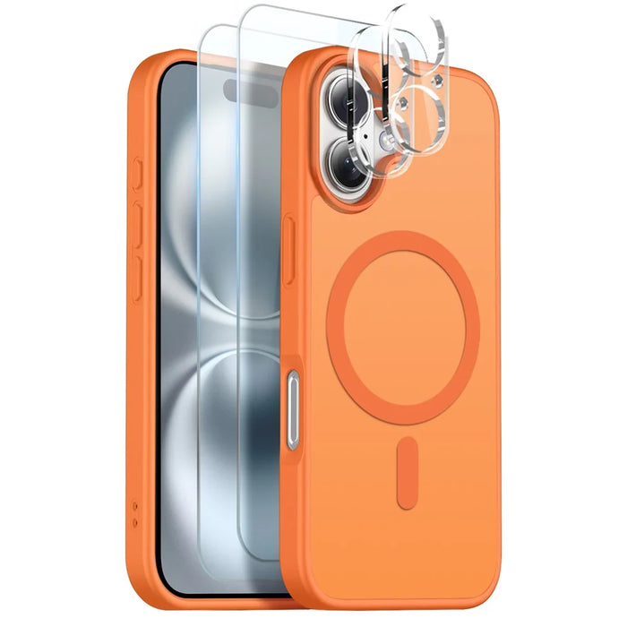 NORTHJO 5 in 1 Set for iPhone 16 Magnetic Case Translucent Matte Shockproof Phone Cover with 2Pcs Front Screen Protector + 2Pcs Lens Film - Orange - 1