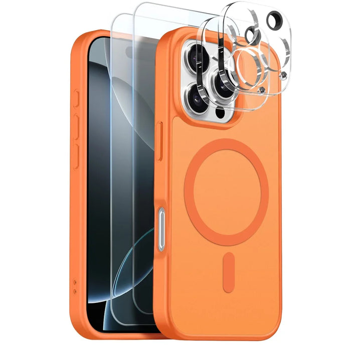 NORTHJO 5 in 1 Set for iPhone 16 Pro Max Magnetic Case Translucent Matte Shockproof Phone Cover with 2Pcs Front Screen Protector + 2Pcs Lens Film - Orange - 1