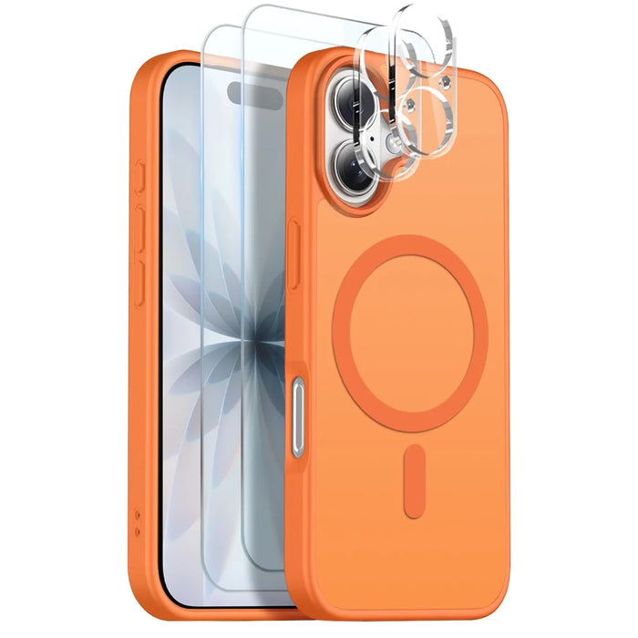 NORTHJO 5 in 1 Set for iPhone 17 Magnetic Case Translucent Matte Shockproof Phone Cover with 2Pcs Front Screen Protector + 2Pcs Lens Film - Orange - 1