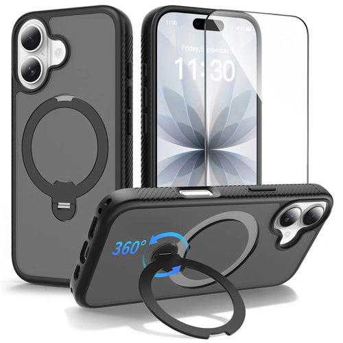 For iPhone 17 Magnetic Case Matte TPU Shockproof Phone Cover with Kickstand and Tempered Glass - Black - 1