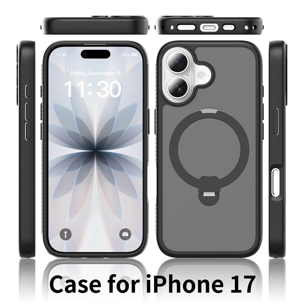 For iPhone 17 Magnetic Case Matte TPU Shockproof Phone Cover with Kickstand and Tempered Glass - Black - 2