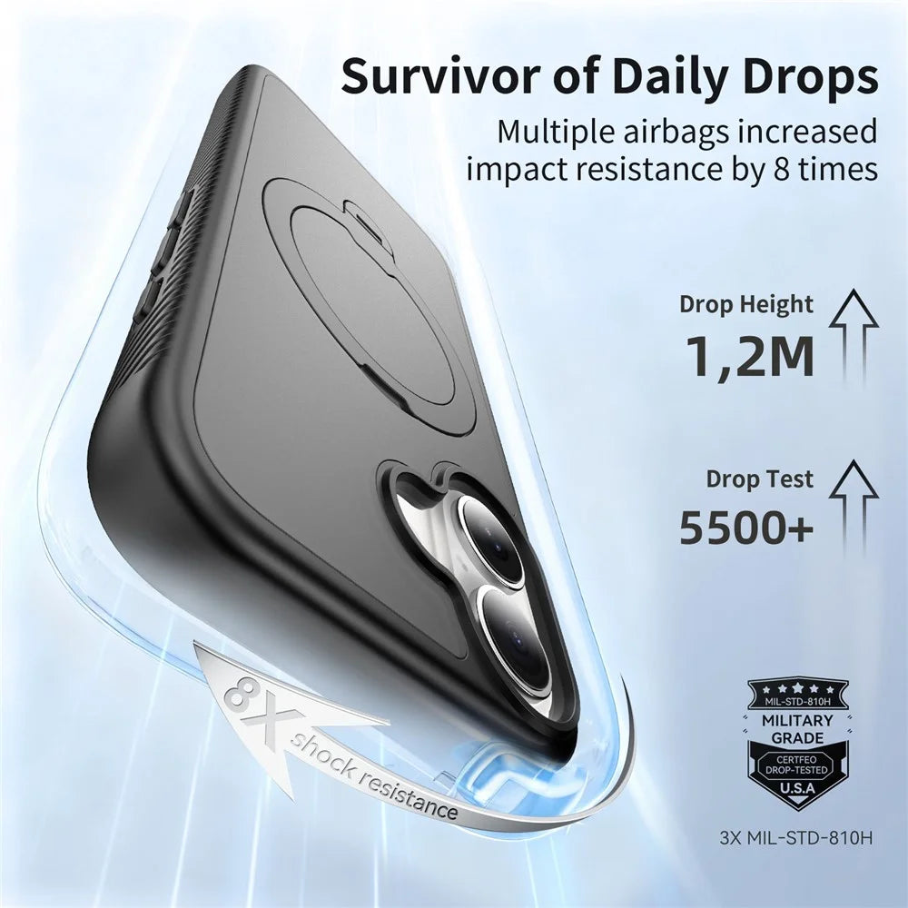 For iPhone 17 Magnetic Case Matte TPU Shockproof Phone Cover with Kickstand and Tempered Glass - Black - 3