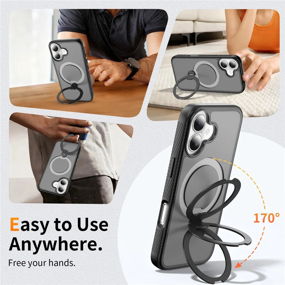 For iPhone 17 Magnetic Case Matte TPU Shockproof Phone Cover with Kickstand and Tempered Glass - Black - 5