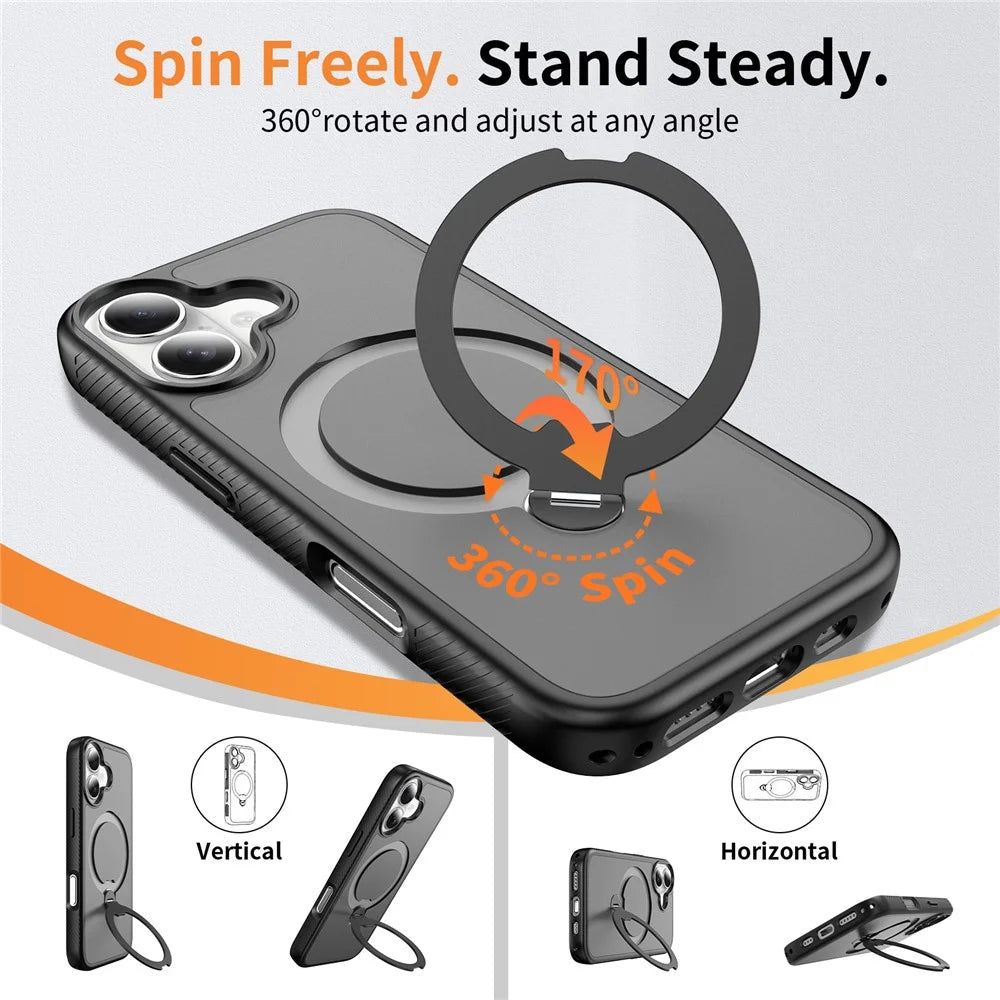 For iPhone 17 Magnetic Case Matte TPU Shockproof Phone Cover with Kickstand and Tempered Glass - Black - 7